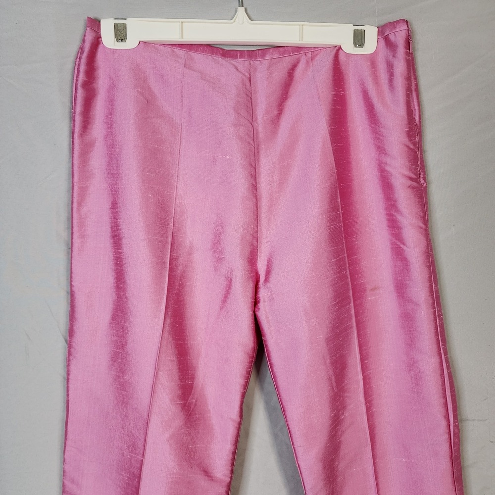 KAREN KANE Lifestyle Size 8 100% Silk Slubbed Shimmer Pink Bandless Ankle Pants - Picture 6 of 8